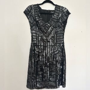 Adrianna Papell Black Gunmetal Sequin Beaded Cocktail mini dress embellished 6
